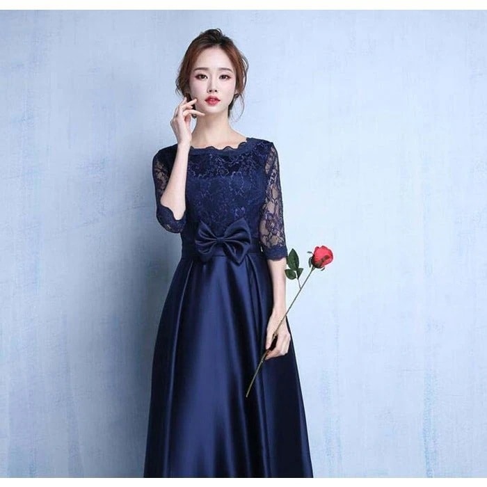 パーティードレスミモレ丈ワンピース結婚式ドレスお呼ばれドレス袖ありニ次会フォーマルリボン刺繍セレブチュールフォーマル