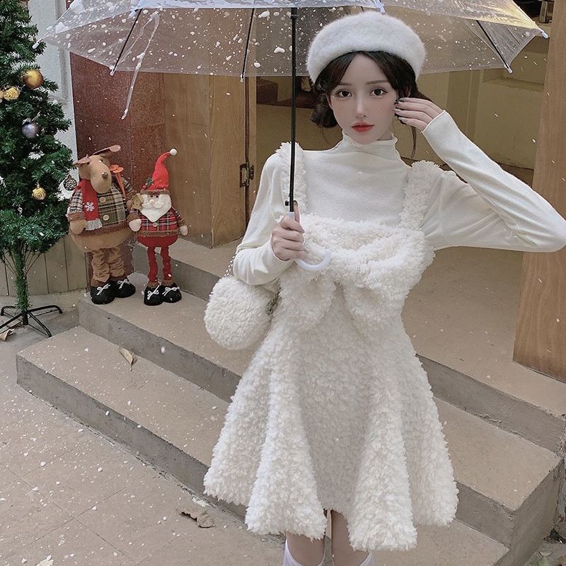 [本日限り激安SALE]秋冬新作スイート2点セットデフロック保温タイツモコモコリボンキャミソールワンピース女 涼しく楽ちんセットアップ秋冬新追加 セットアップ 品質良い