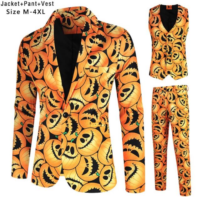 メンズハロウィンスーツ 男性 ハロウィン コスプレ衣装 スーツセット ハロウィン元素 カボチャ柄 スーツ ジャケット ベスト パンツ メンズ ハロウィン 仮装 舞台 演出服 シンガー カラオケ 魔術師
