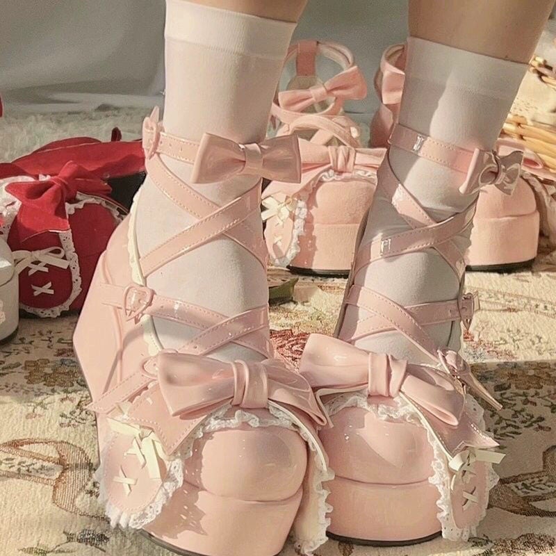 メガ割 垂れ耳うさぎオリジナル丸頭ロボン厚底プラットフォームシューズお人形さんのような可愛い小さな革靴レディース