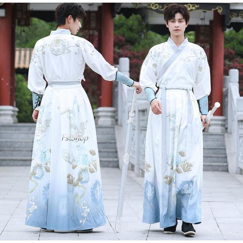 漢服コスプレ服 舞台ステージダンス衣装 唐装 2点セットアップ演出服メンズ レディース古代コスプレ衣装カジュアル大人用 長袖 交差襟コスプレ衣装 トップス 袴