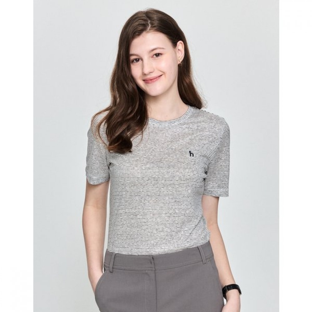 [25SS] エッセンシャルラウンドネック 100% リネンストライプショートスリーブティーHSTS5BC33IV