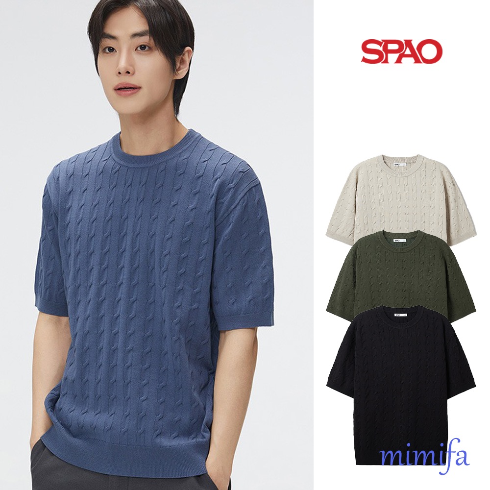 [COOL] ケーブルラウンドネック半袖ニットウェア