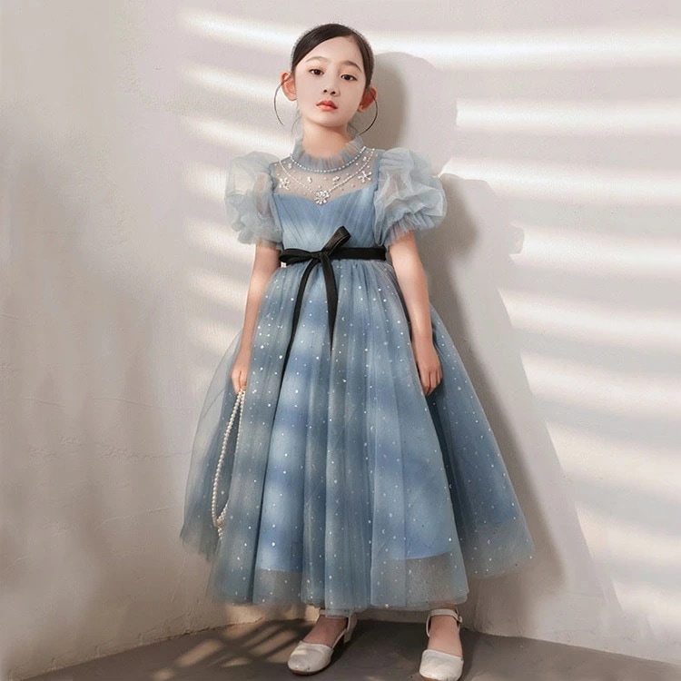 ピアノ発表会ドレス 子供ドレス ブルー ロングドレス 立ち襟 ラインストーン キレイめ 女児ドレス 演出服 演奏会ドレス 女の子ドレス ロング パフスリーブ 100~160cm