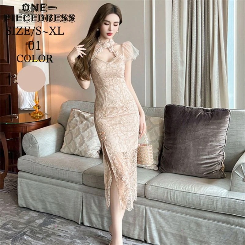ワンピスドレス　タイトワンピース　チャイナドレス　パーティードレス　胸パット付き　総レース　ナイトドレスロング丈　半袖　ハイウエスト　スリット入り　姫系　セクシー上品 大人 きれいめ キャバ嬢　お水
