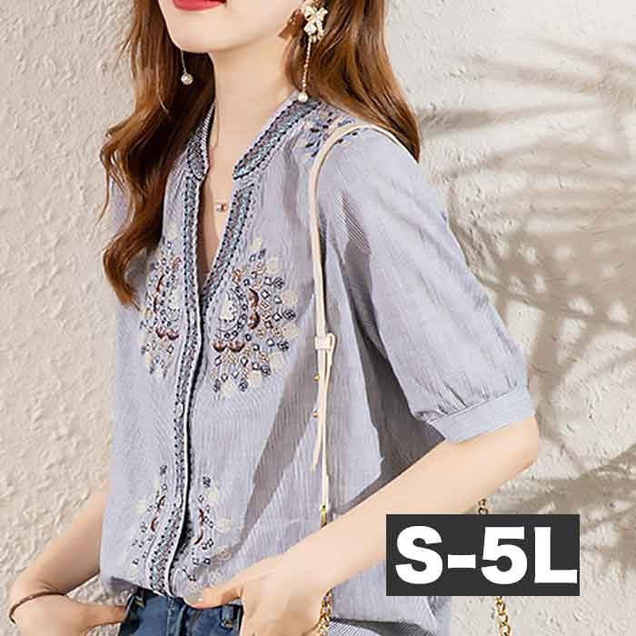 刺繍ストライプ 半袖シャツ 大きいサイズ レディース ストライプ 刺繍 エンブロイダリー 柄物 さわやか トップス ブラウス シャツ シャツチュニック サマー 夏 夏物 夏服 夏用 涼しい 春夏 エス