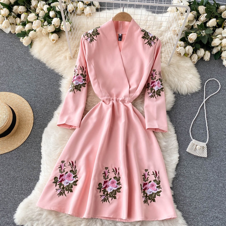 ワンピース レディース カシュクールワンピース 花柄 刺繍 フレア 光沢 とろみ ロング丈 ドレス