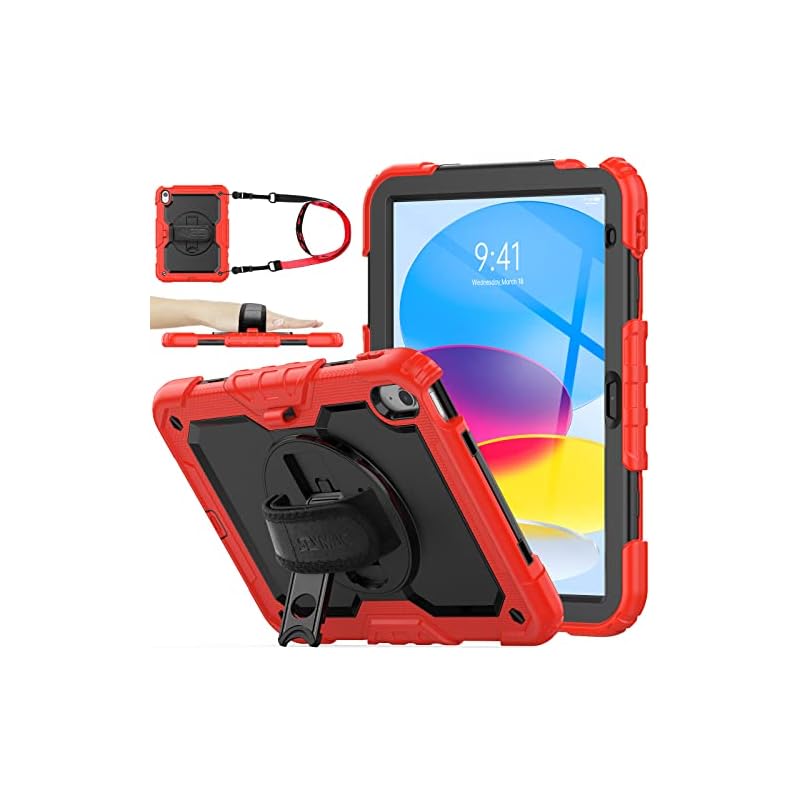 SEYMAC stock iPad 第10世代 10.9インチ専用ケース 耐衝撃 保護フィルム付き ペン収納 360回転スタンド ハンドストラップ ショルダーストラップ付き 全面保護カバー (レッド
