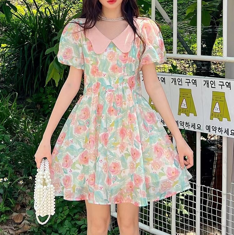 ワンピース レディース ミニワンピース S M L 韓国 ミニワンピ 花柄ワンピ ショート ショート丈 半袖 パフスリーブ 襟付き かわいい 大人可愛い きれいめ カジュアル 清楚 フェミニン シック