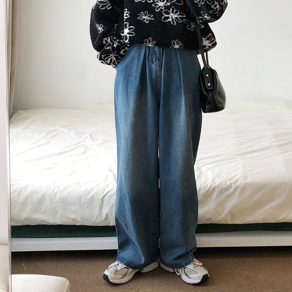 韓国ファッション ウォッシング ハイウエスト ピンタック ワイド デニムパンツ