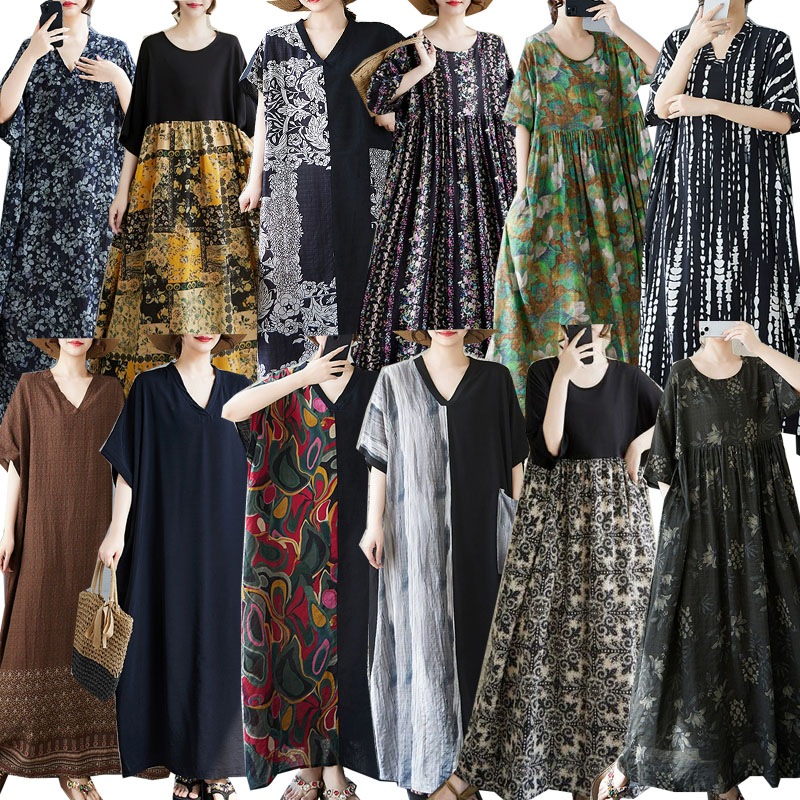 25新追加 韓国ファッション しいスタイル 半袖 花柄ワンピース ロングワンピース 大きいサイズ 綿麻のワンピース ゆったりワンピース