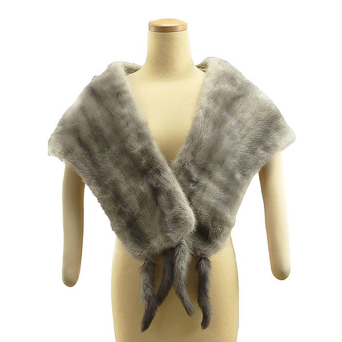 ショール ミンク 毛皮 ストール リアルファー ショール SAGA MINK しっぽ付き グレージュ 着物にも洋服にも 美品 リサイクル u0108