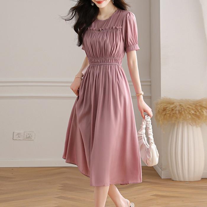 ギャザーワンピース ハイウエスト ロングワンピース レディース バルーン袖 ラウンドネック ギャザー 無地 ワンピース