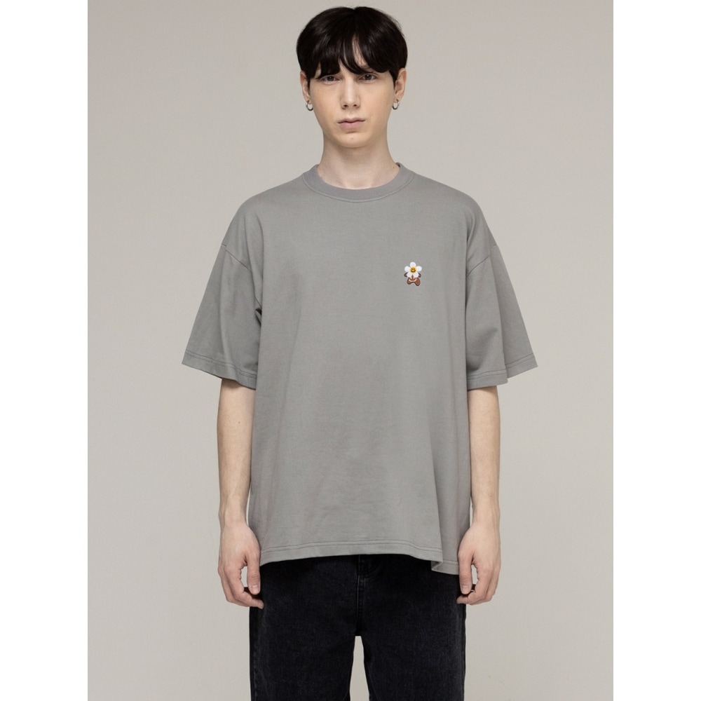 グレイバーヘッドフラワーベアスマイルエンブロイダリー半袖Tシャツカーキグレー