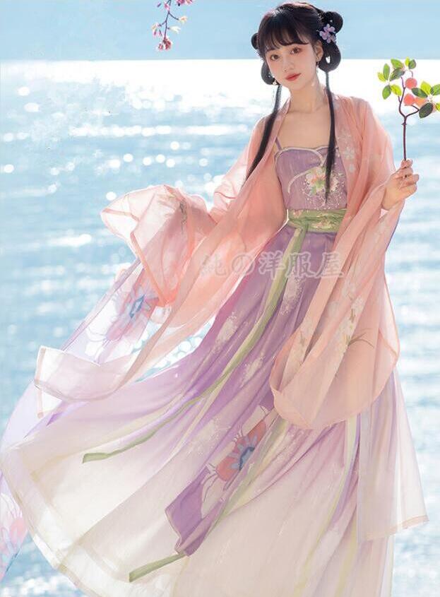 オリジナル漢服 中国風ステージコスプレ衣装 プリント羽織+刺繍キャミソール＋スカート＋ショール4点セット コスチューム イベント 学園祭パーティーダンス衣装 チャイナドレス 写真撮影ドレス ステー