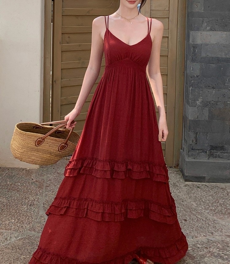 ワンピース キャミ キャミワンピース ロング レディース ティアードワンピース ノースリーブ Vネック Aライン きれいめ シンプル 大人 おしゃれ セクシー エレガント 無地 春 夏 お出かけ 休日