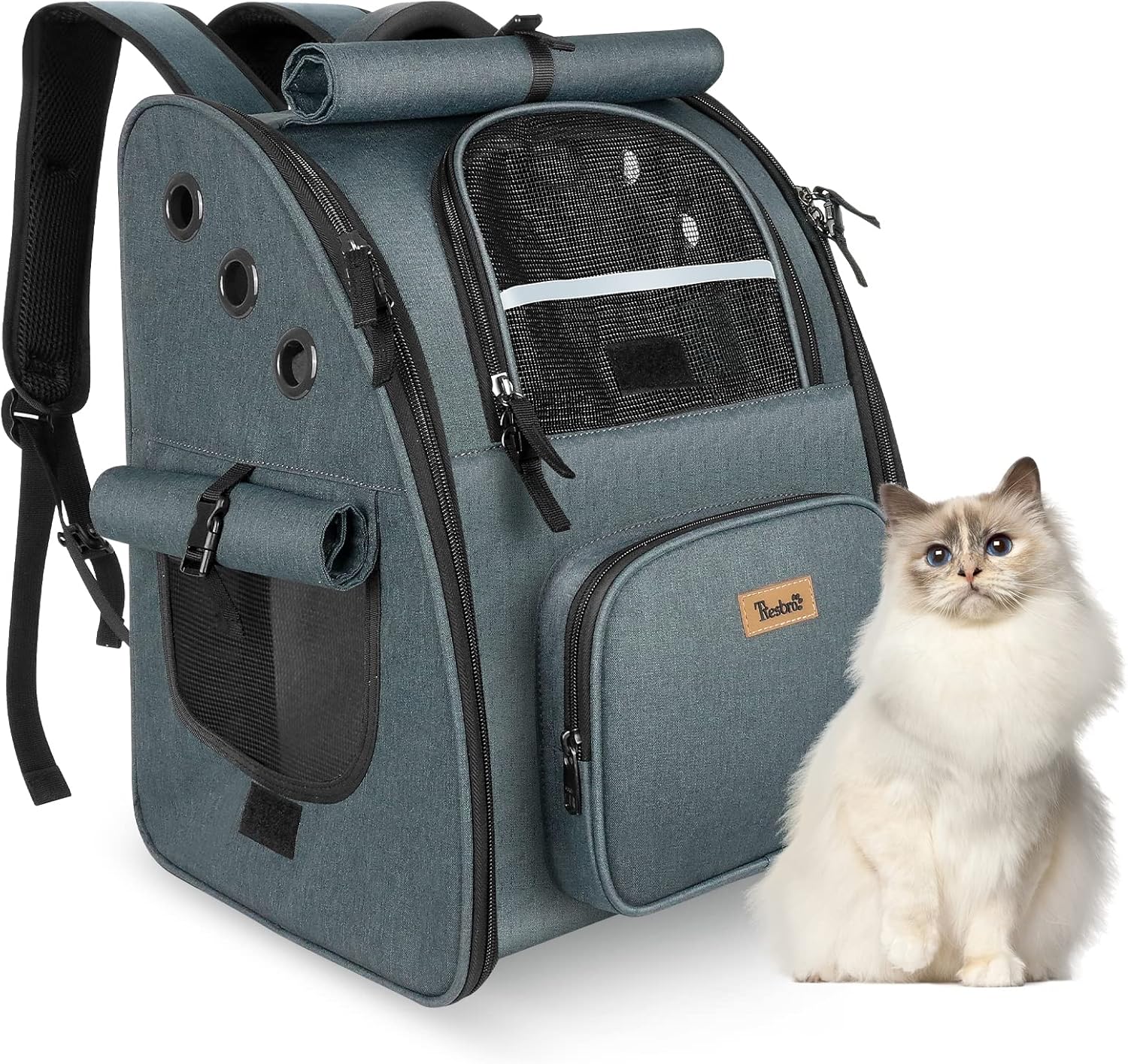 小型犬・小動物用 通気性の良いリュック型ペットキャリー ロック式ファスナーと3面カーテン付き 旅行・通院・災害避難用 ダークグレー