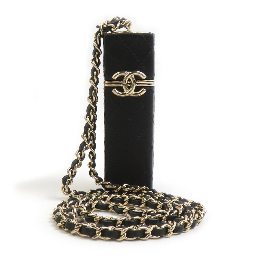 シャネル CHANEL チェーン リップスティックケース ココマーク レザー/メタル ブラック/ゴールド レディース e61644a