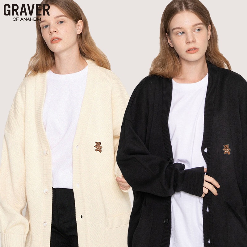 [UNISEX]スモールベア刺繍スマイルニットカーディガン_2color