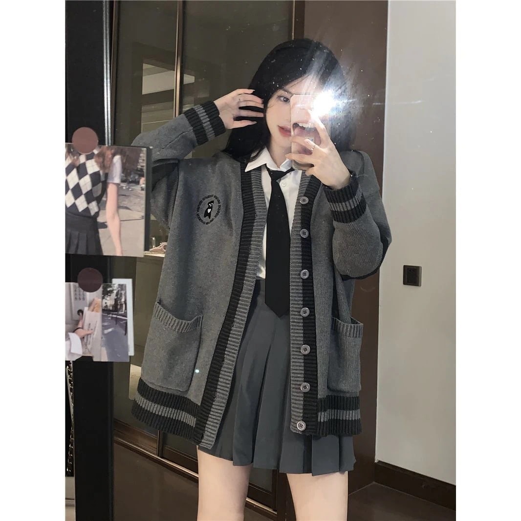新作登場秋ジャケット涼しく楽ちんセットアップ3点セット春秋学院風グレーニットカーディガン+ネクタイシャツ+プリーツスカート制服レディース 韓国ファッション