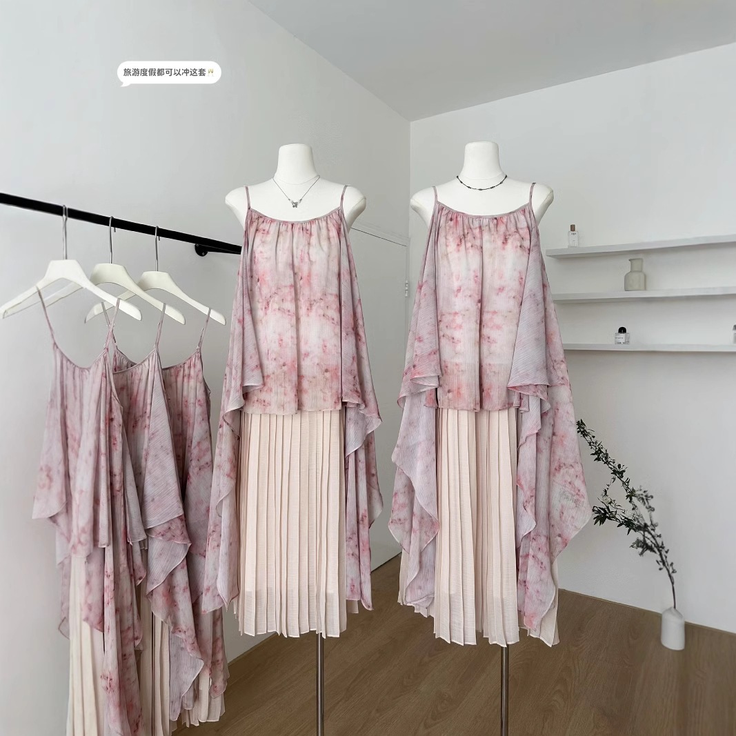 2025新小柄春夏海辺リゾート風ぼかし花柄キャミソールワンピース
