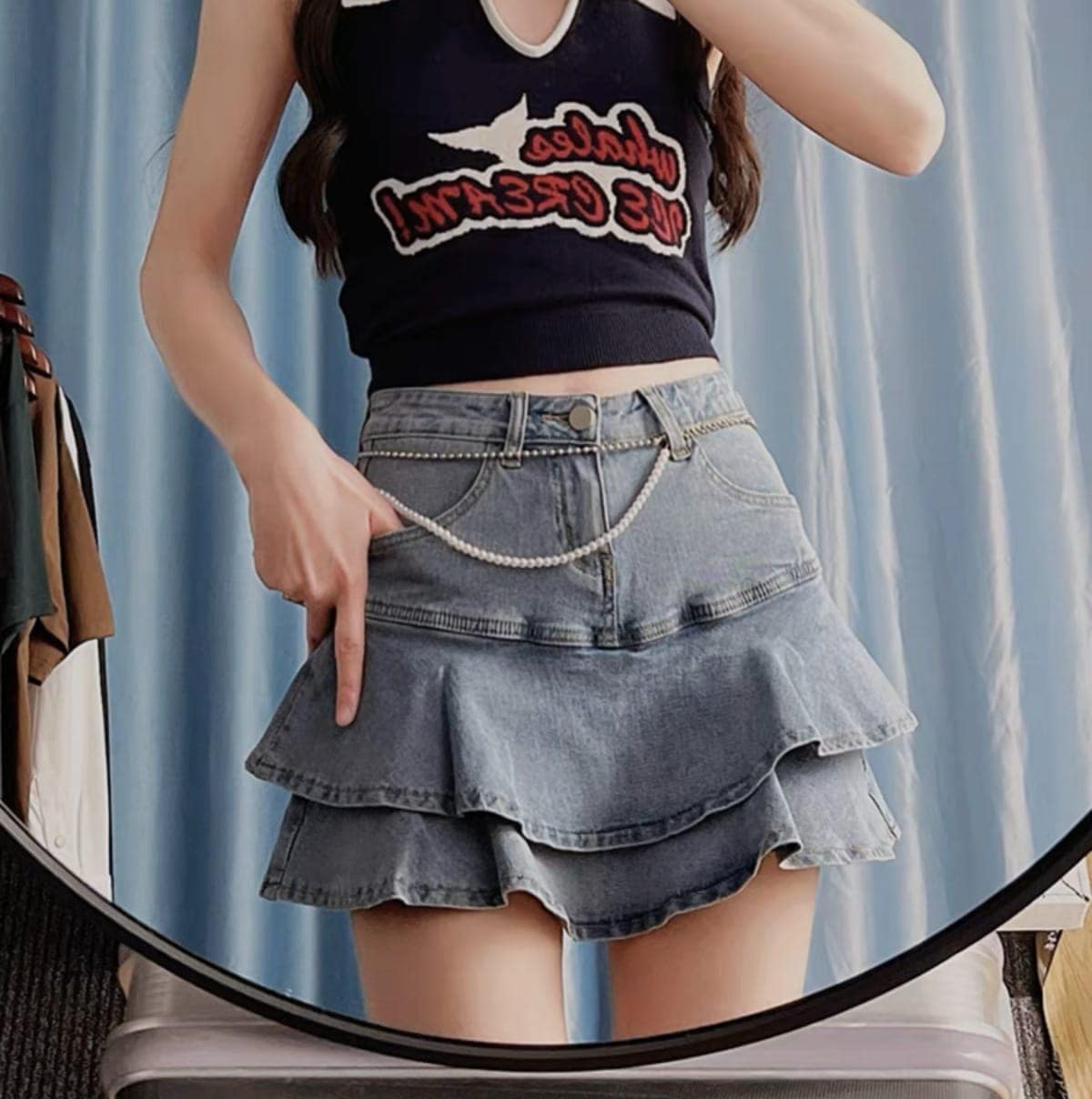 【1つ買うと10つ無料】ハイウエストスモールフリルデニムケーキスカート女性のためのショートスカート2025夏の感覚