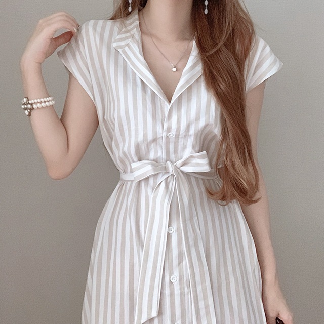 ストライプシャツワンピース シャツワンピース ストライプ ウエストリボン ベージュ 青 ブルー 韓国 レディース オルチャン フレアワンピース ワンピドレス ミモレ丈 ロング丈 半袖