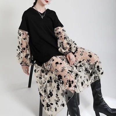 愛されドッキングワンピース ロングスカート ラウンドネック フランス 秋 ワンピース こばながら