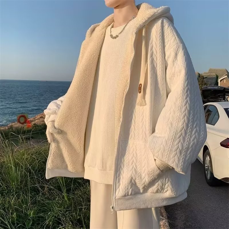 製麻柄シェルパジャケットメンズベルベット肥厚コットンジャケットルーズフード付きコットンコート 5,891円