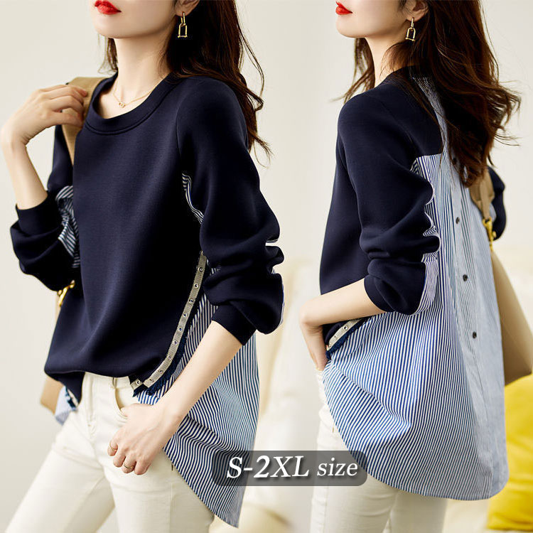 【2025新作】Tシャツ レディース 春秋 長袖 柄 ストライプ M-3L ワイドスウェットプルオーバーパーカー トップス 綿 体型カバー おしゃれ 無地 一枚で着映える異素材ミックスプルオーバー 切