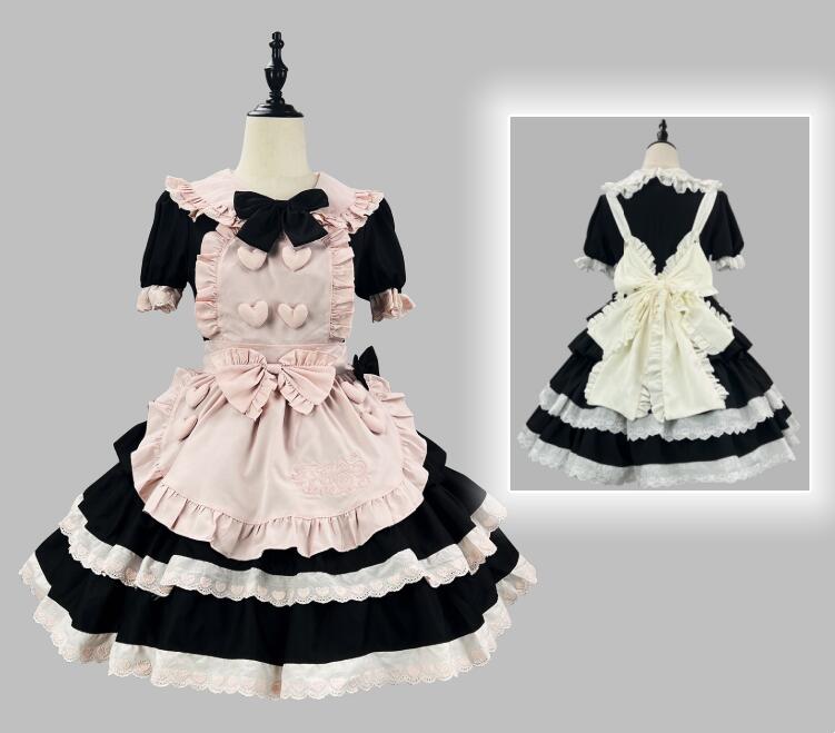 メイド服 大きいリボン付き 膝丈 メイドワンピース メイドコスチューム メイド服 コスプレ ロリータ ワンピース 可愛い メイド喫茶 cosplay エプロン ワンピ ハロウィン イベント 仮装 大き