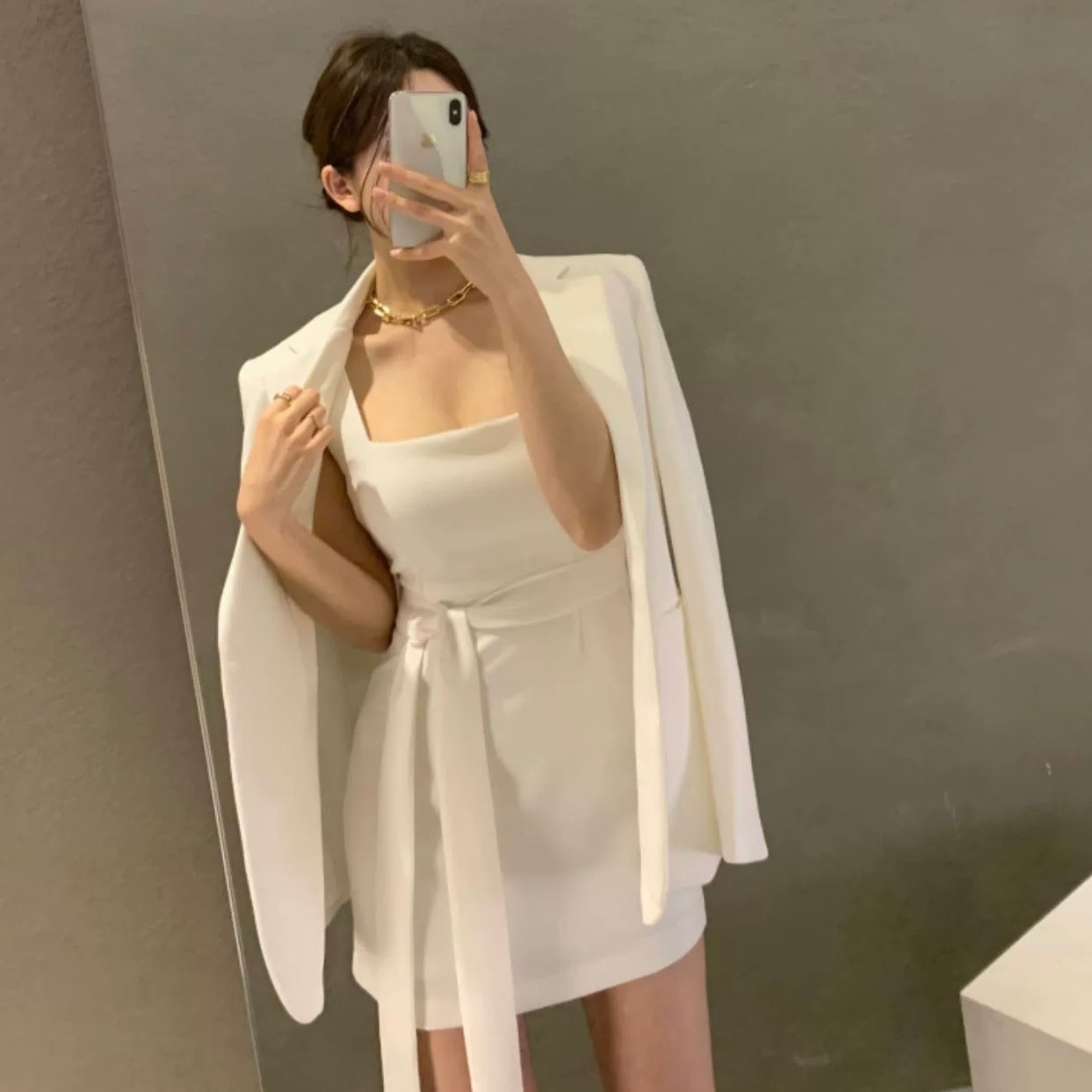 セットアップ レディース ジャケット ワンピース ショート丈 襟付き 前開き ボタン 長袖 ウエストリボン ポケット スリム 大人可愛い きれいめ シンプル 上品 黒 オルチャン 20代 デート 春