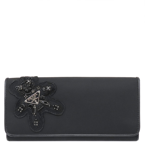 プラダ 長財布 イブニング ベア ナイロン ビジュー ブラック シルバー金具 ビジュー クマ 黒 1M0201 【箱】【中古】