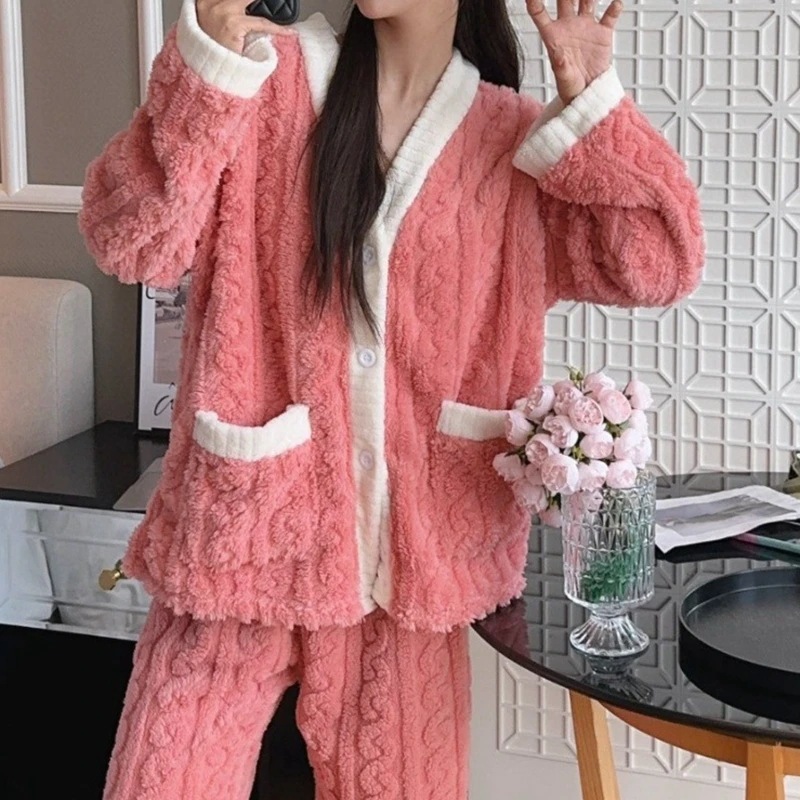 女性用ストロベリープリントパジャマセット,ベルベットパジャマ,暖かいナイトウェア,ふわふわの家庭用スーツ,冬用フリーススリープスーツ,韓国語,2個 B-Pink one size