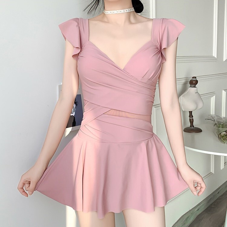 水着 スイムウェア レディース ワンピース スカパン スカート クロス フリルショルダー エンジェルスリーブ フリル ウエストマーク シースルー シアー かわいい 大人可愛い きれいめ シンプル