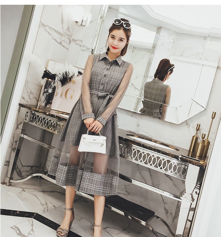 A1038.シースルー襟付きフレアドレス（グレー）2019 春夏 sale 春夏 sale ワンピース 長袖 エレガント お呼ばれ パーティー 結婚式 披露宴 女子会 レストラン デート