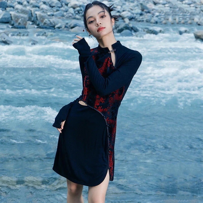 【急速出荷!】ニットワンピース ミニ 花柄 チャイナ風ワンピース 長袖 切り替えドレス セクシー フロッキープリント パーティードレス 7,077円