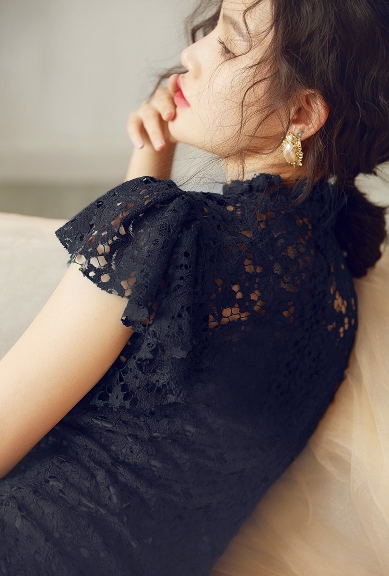 1905.フリルレースワンピース（ブラック）2019 春夏 sale ドレス タイト エレガント お呼ばれ パーティー 結婚式 披露宴 女子会 レストラン デート