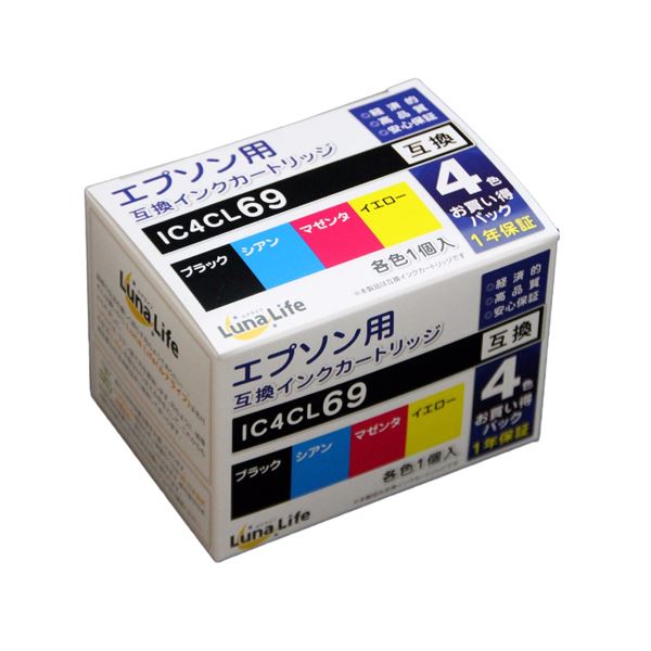 (まとめ)ワールドビジネスサプライ (Luna Life) エプソン用 互換インクカートリッジ IC4CL69 4本パック LN EP69/4P(×3セット)