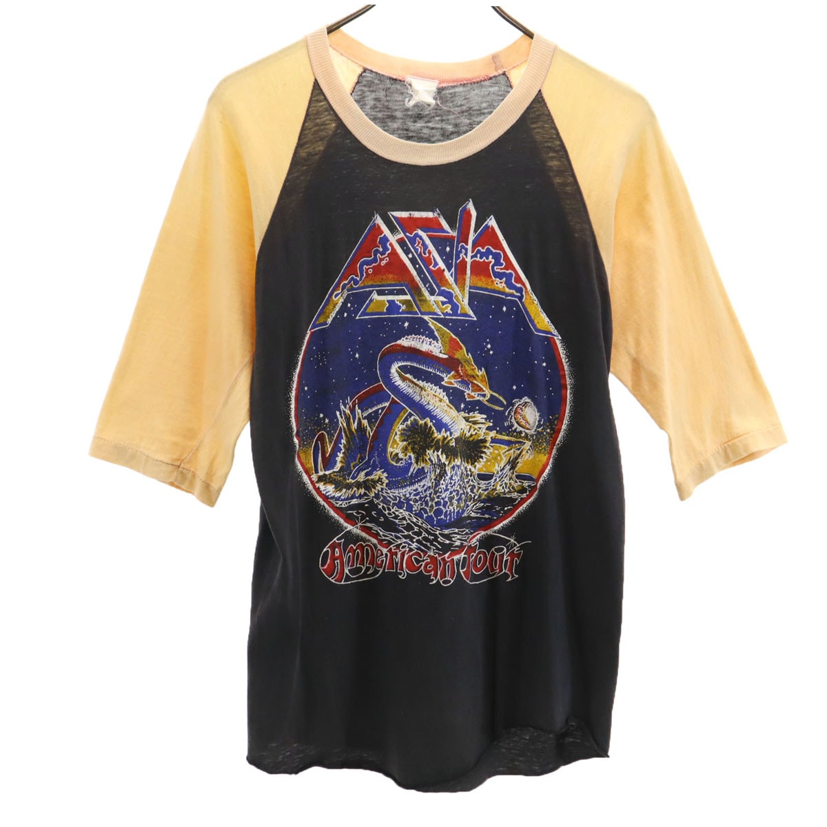 AZIA エイジア 80s パキ綿 5分袖 Tシャツ チャコールグレー バンT ロックバンド エイジア メンズ 古着