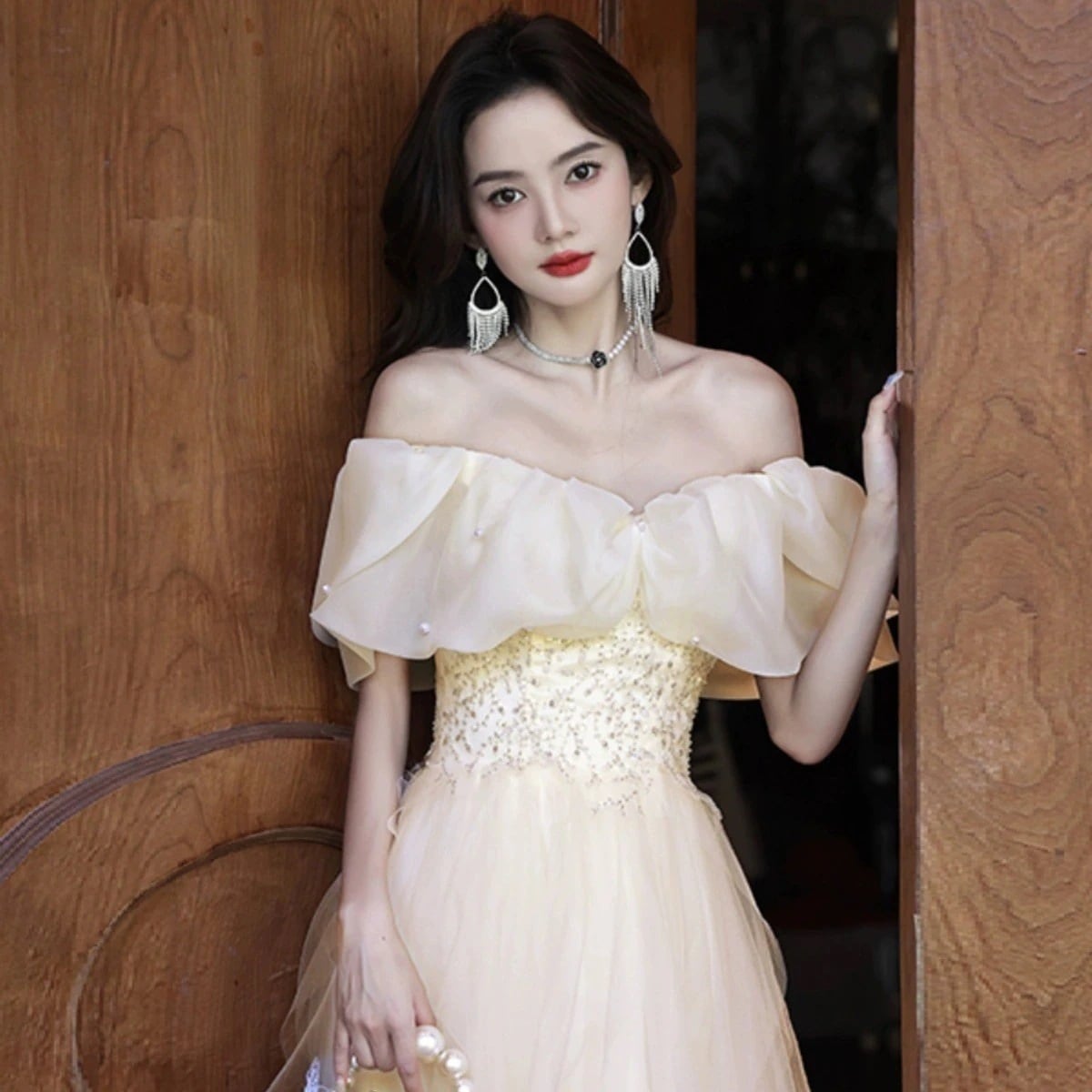 シャンパンワンショルダードレス2025婚約プリンセスドレス誕生日ホストパフォーマンスコスムロングサマー