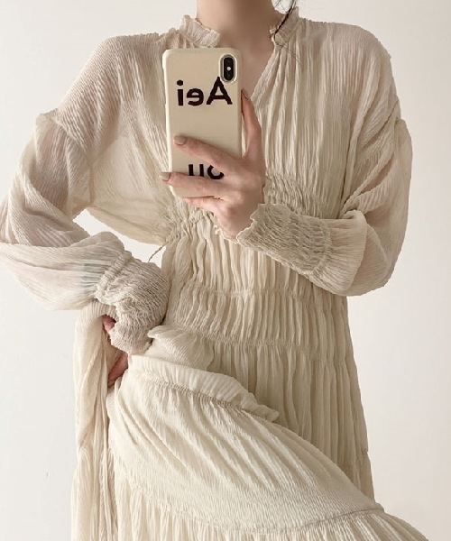 レディース ワンピース ロング 長袖 フレアスリーブ ドロップショルダー 萌袖 フリル袖 Vネック フレア Aライン 切り替え フェミニン シャーリング シフォン フリル ふわふわ ハイウエスト