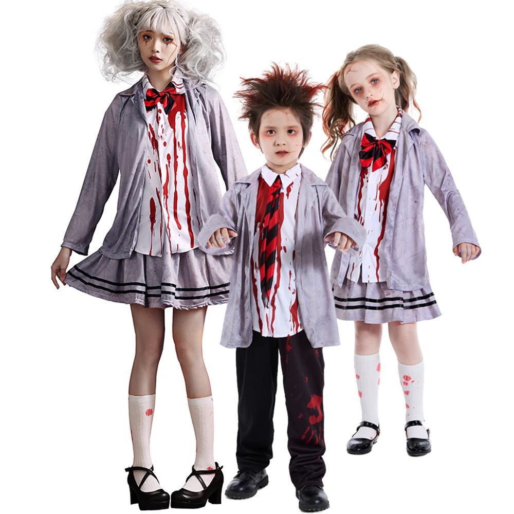 ハロウィン コスプレ ゾンビ 血まみれ レディース 女の子 男の子 大きいサイズ 長袖 学生服 制服 ホラー 大人 子供 親子 ペア デビル 幽霊 衣装 イベント 仮装パーティー 変装 演出服 学園祭