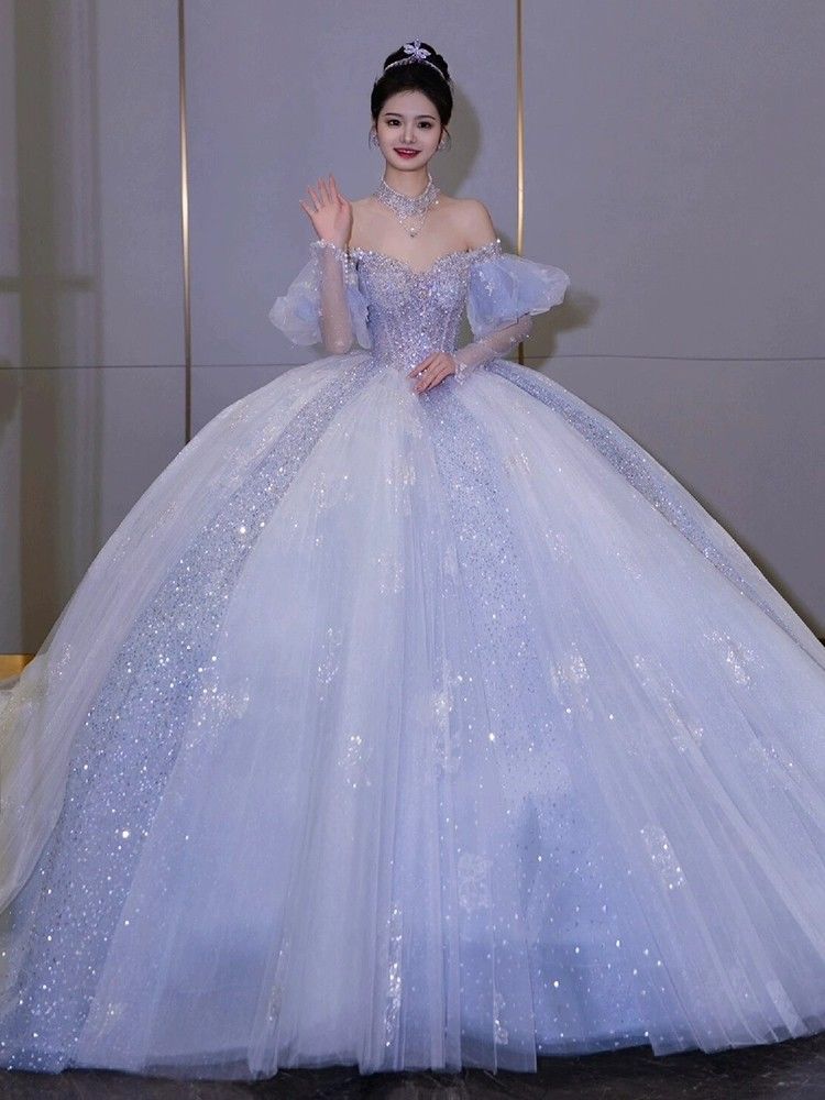 ワンショルダーブルーウェディングドレス2025ブライダルパレススタイルビッグテールハイエンドメインヤーン