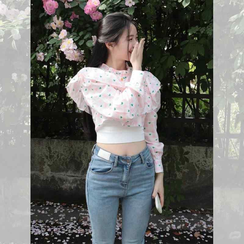 【当店人気商品】花柄 デザイン パフスリーブシャツ シフォン ショート フレンチ ピンク トップス