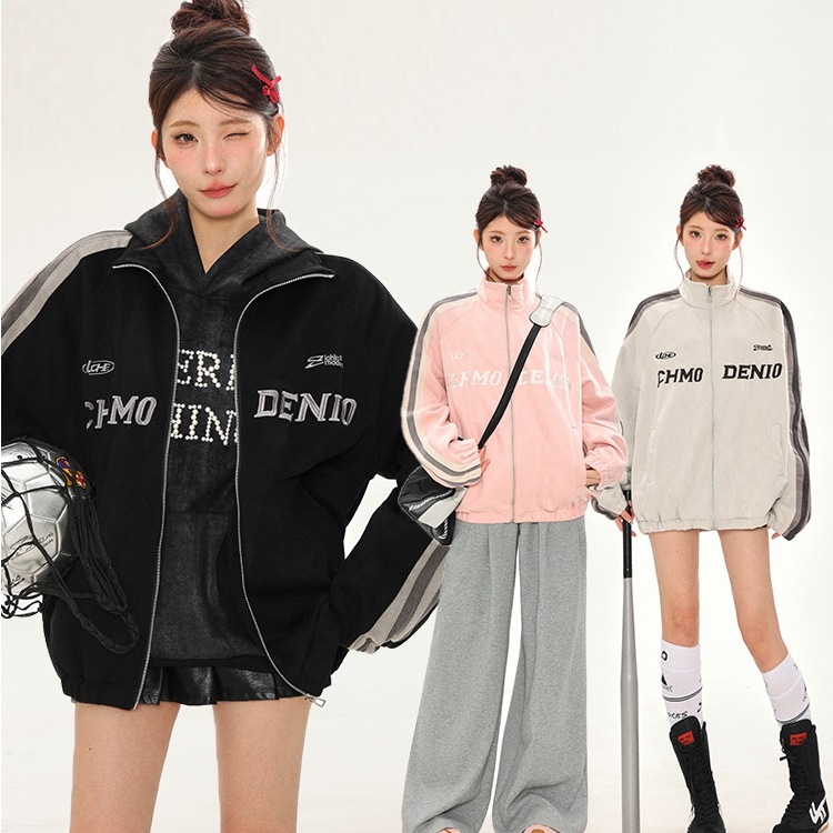 2025春夏 韓国 かわいい レディース ハイネックスタンドネックアウター ブルゾンお出かけ黑長袖セクシーシルエットトップスサイドカジュアルファッション系ベースボールサイズフルトラック