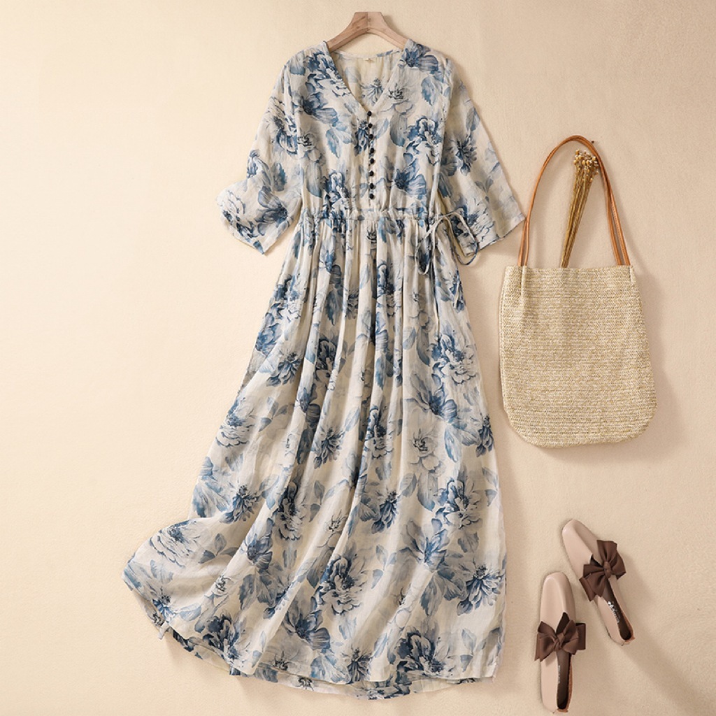レディース ワンピース ロング 半袖 Vネック Aライン ウエストリボン ボタン ギャザー 薄手 かわいい 大人可愛い きれいめ シンプル カジュアル 上品 おしゃれ レトロ こなれ感 ラフ ガーリー