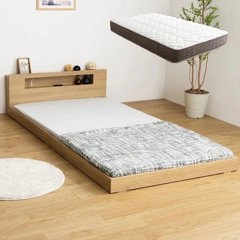 棚コンセント付き フロアベッド ベッド LED照明付き セミダブル+ポケットコイルマットレス付き ロータイプ ローベッド ベット