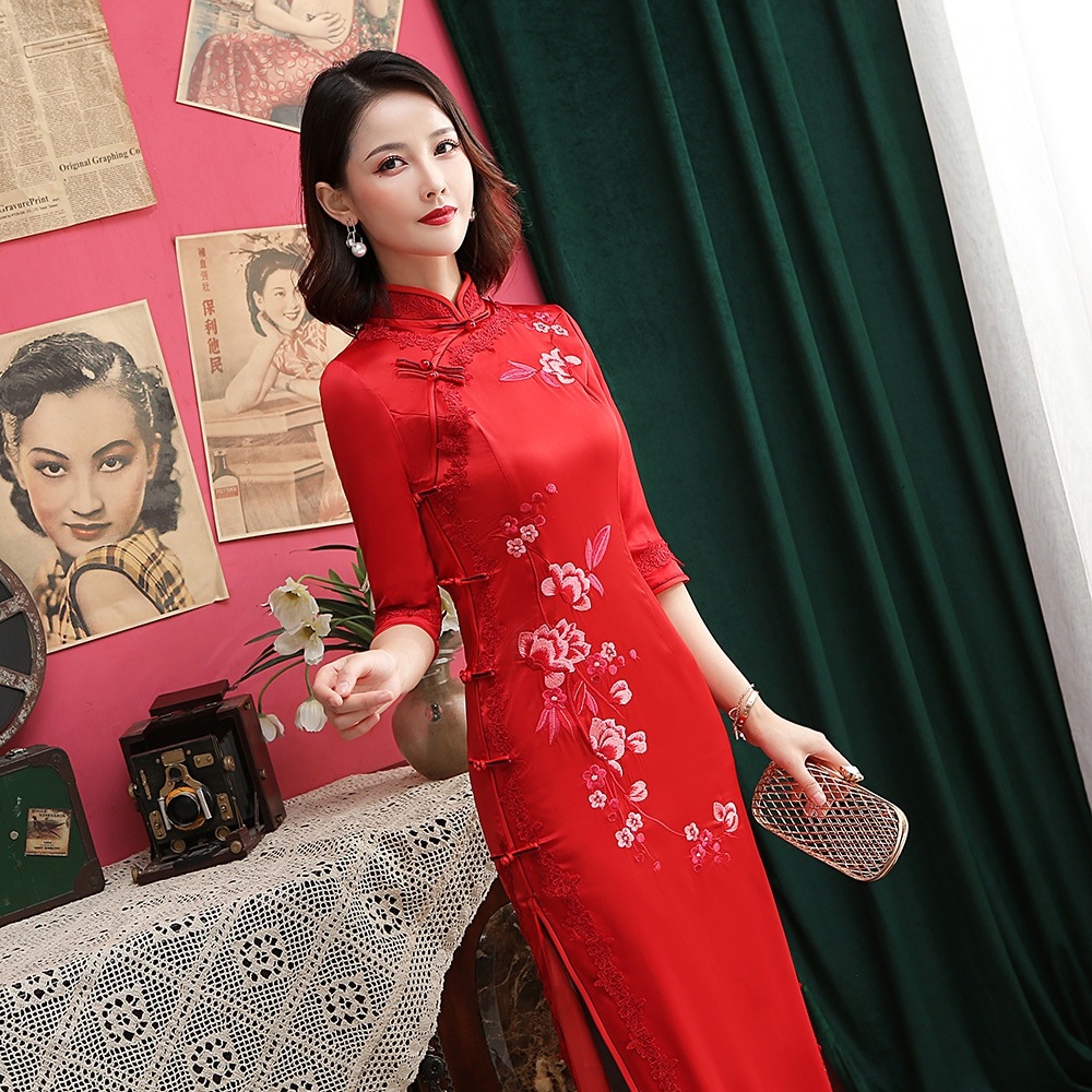 ワンピースドレスドレス2025スプリング改善ミドルスリーブ大サイズの古い上海スタンドカラー長いシルク刺繍毎日のスリムフラグ 5,104円