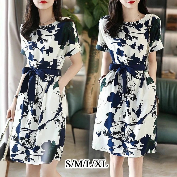 【2025新作】ワンピース レディース 春 夏 リボン ロング 総柄 マキシワンピ 体型カバー 膝丈 ホワイト ネイビー 20代 30代 40代 50代 母 半袖 ミモレ ロングワンピ 体型カバー フ